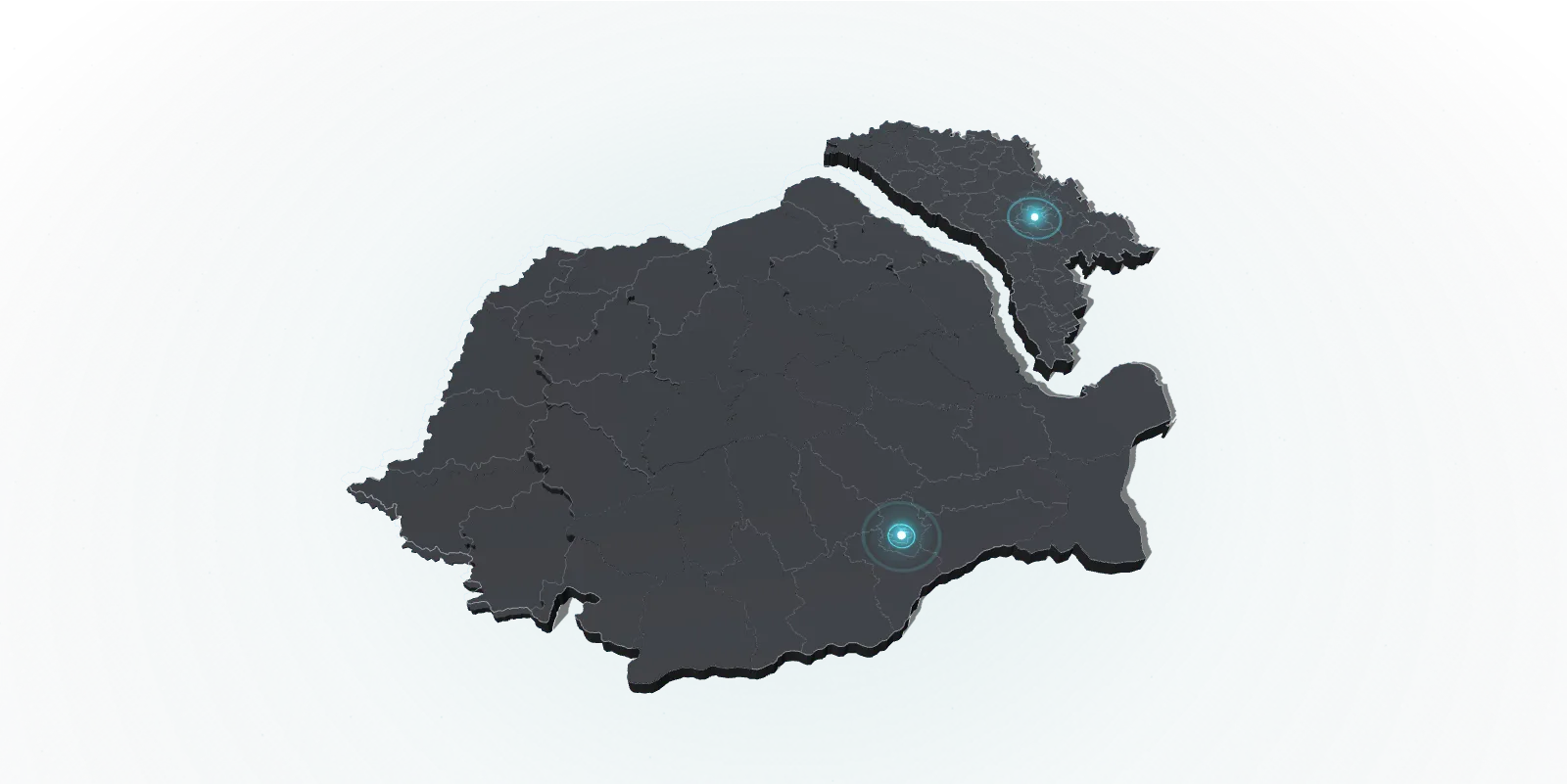 Harta României și a Republicii Moldova, pe județe și raioane, ca plăci ridicate dintr-o masă întunecată, cu trasee de lumină turcoaz care pleacă din București și din Chișinău.